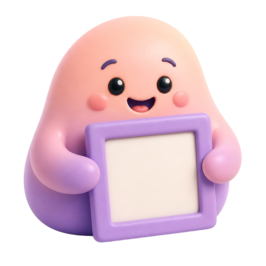 Smiling 3D character holding a picture frame